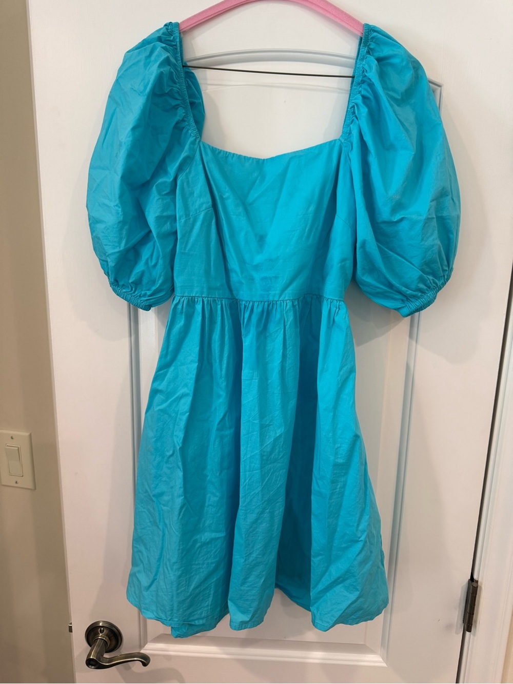 Womens Puff-Sleeve Dress in Bright Turquoise with open back